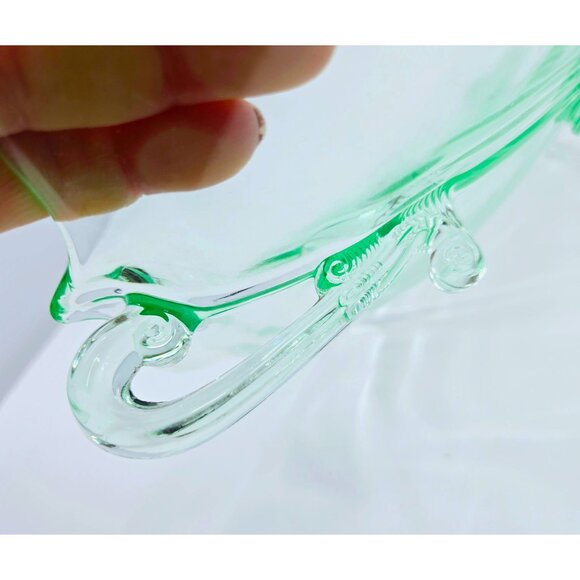 Large Depression Green Glass 13.5" Bowl/Platter Ornate Shape and Decorative Feet - Picture 6 of 8